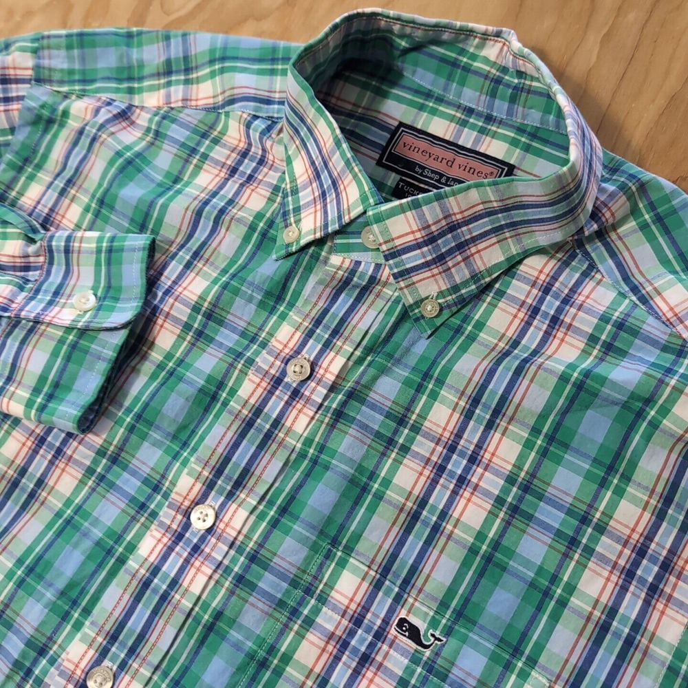 Vineyard Vines Tucker Shirt Classic Fit Mens M Blue Green Plaid 100% Cotton